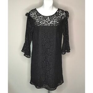 Ann Taylor Black Floral Lace Shift Dress Ruffle Bell Sleeve Boho Whimsy Cowgirl